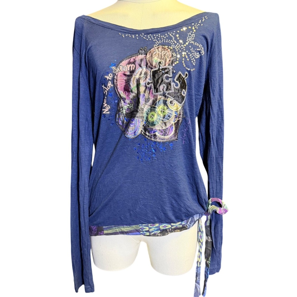 Desigual Graphic Top Womens Large Blue Good Sequin Patchwork Side Tie 17T2562